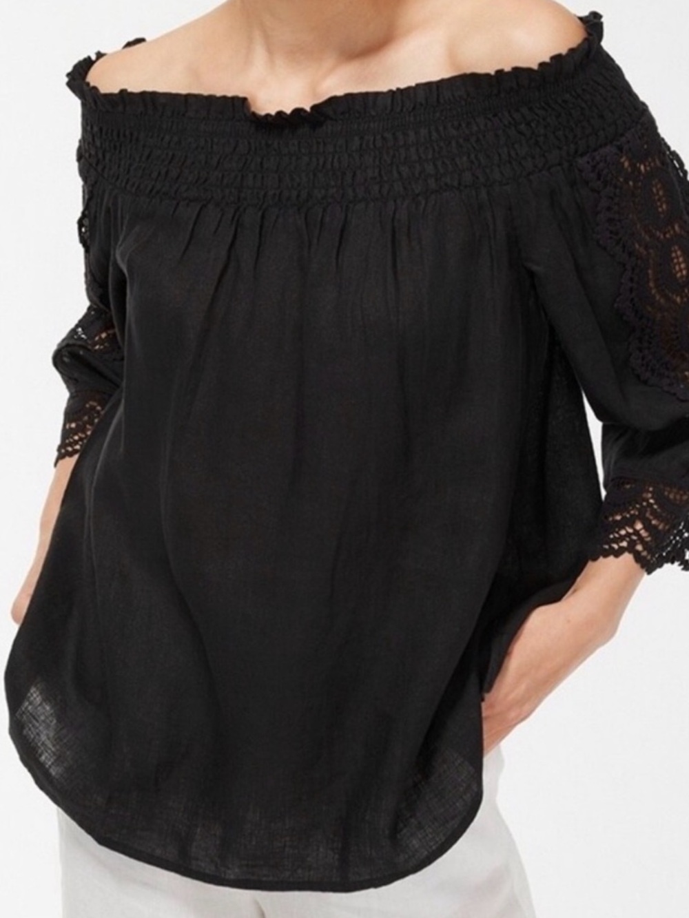 Chico's Black Off-Shoulder Blouse with Crochet Lace Sleeves